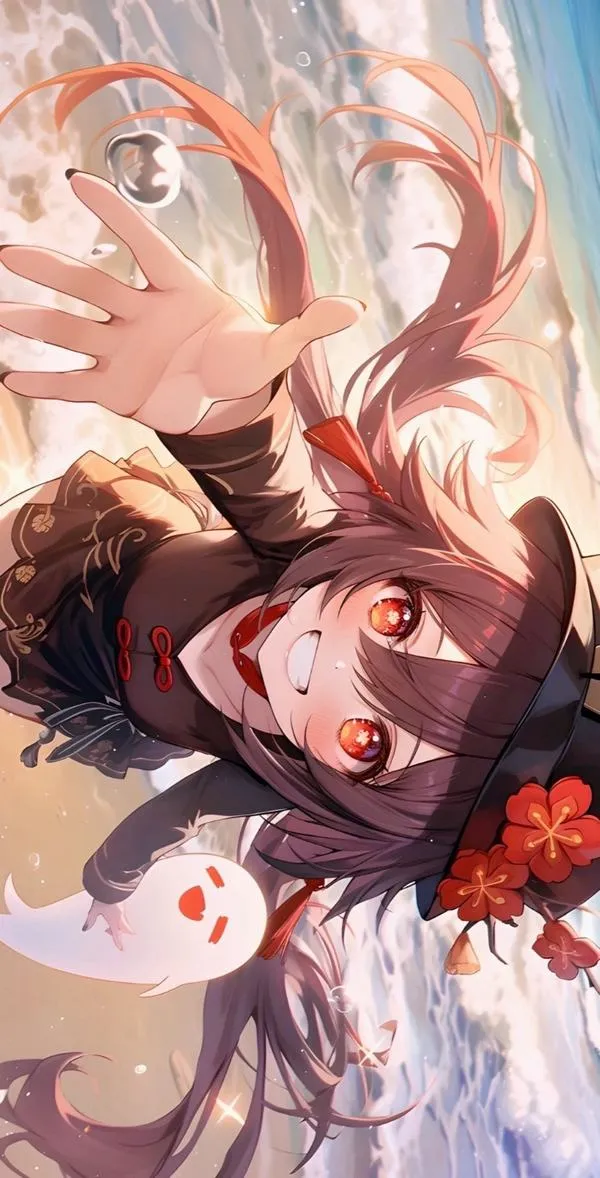 Hình nền máy tính 4K Hu Tao toàn thân, trường bào nâu thêu truyền thống, nền tối làm chủ thể bật lên.