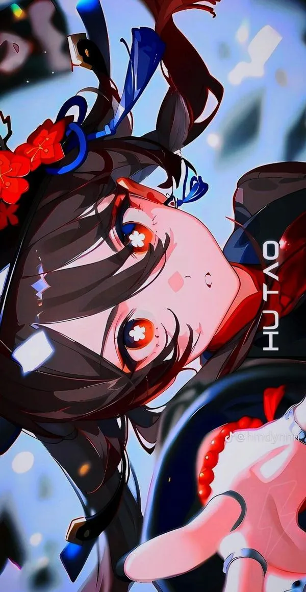 Hình nền ngầu Hu Tao tung lửa Pyro, viền sáng mạnh, nền u tịch, cảm giác bùng nổ.