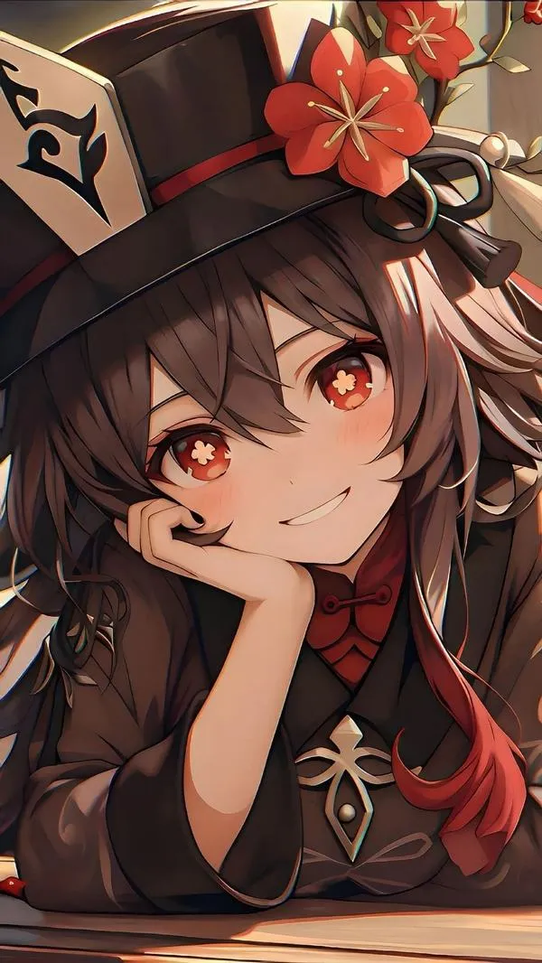 Ảnh nền anime Hu Tao đứng giữa phố tối, ánh lửa bập bùng, cảm giác vừa vui vừa sâu.