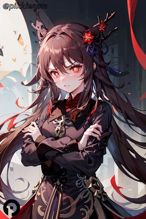 Hình nền Hu Tao kiểu màn hình khóa, bố cục gọn, nền u tịch, điểm nhấn ở mũ cổ phong.