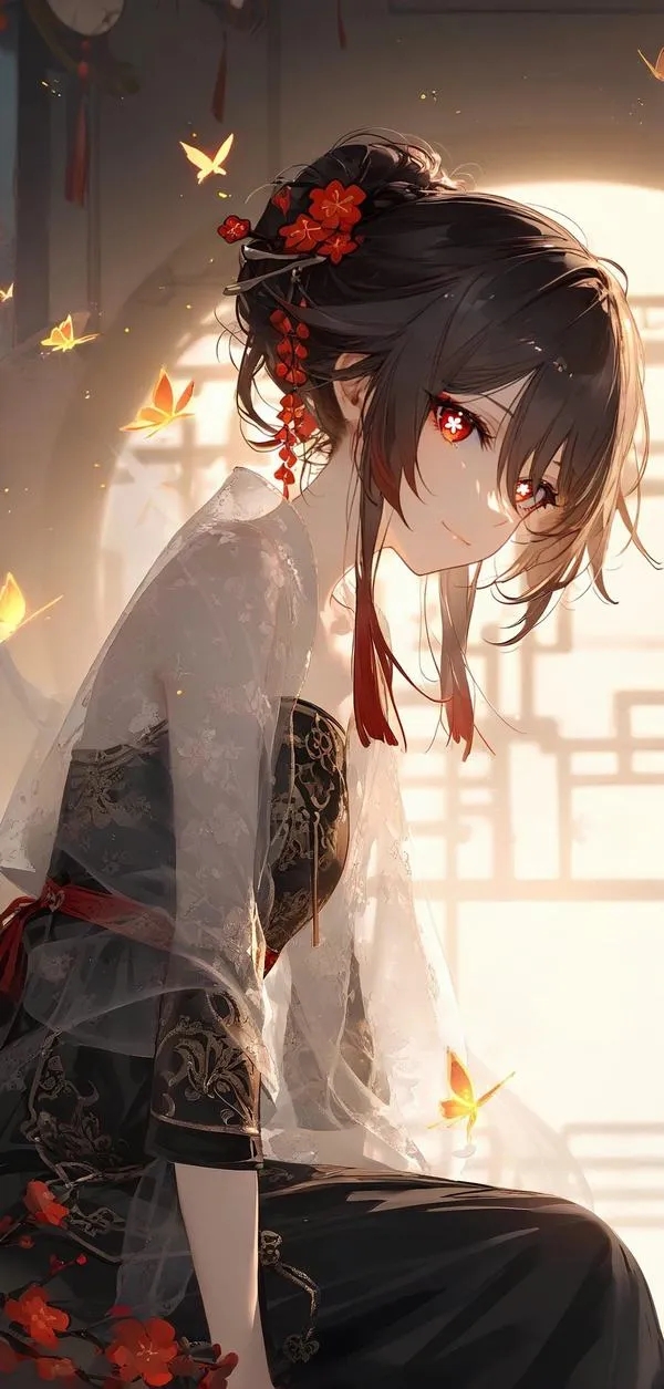 Ảnh fanart Hu Tao ngầu, tóc nâu đuôi đỏ bay nhẹ, viền sáng Pyro tạo nhịp nhìn rõ.