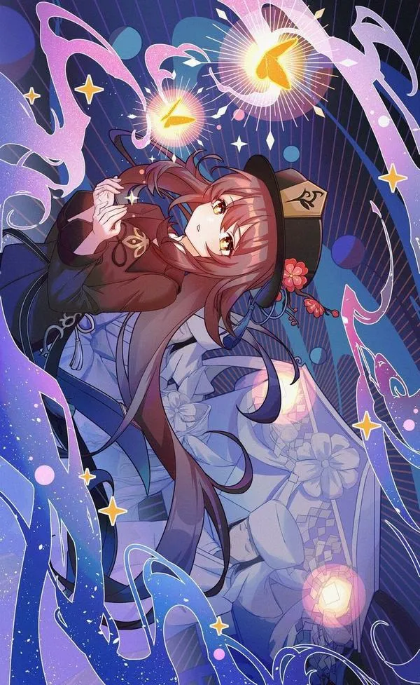 Hình nền Hu Tao và linh hồn nhỏ lượn vòng, hạt bụi lửa nhẹ, cảm giác vừa vui vừa man mác.