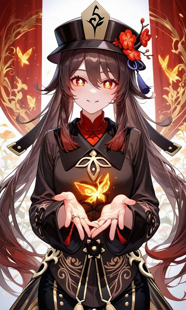 Ảnh nền anime Hu Tao cười tinh quái, viền sáng sau lưng, hiệu ứng Pyro làm khung hình ấm.