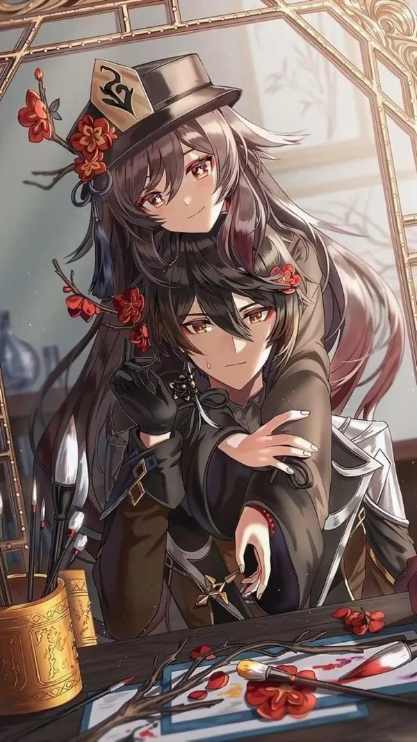 Ảnh fanart Hu Tao cầm dáng bí ẩn, linh hồn nhỏ bay thấp, cảm giác huyền ảo và yên.