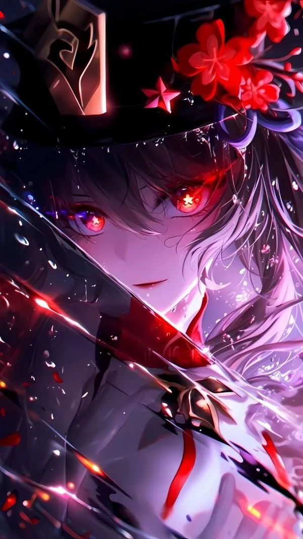 Ảnh nền Hu Tao tông trầm, hoa mận khô trên mũ, ánh mắt đỏ rực, cảm giác rất cuốn.