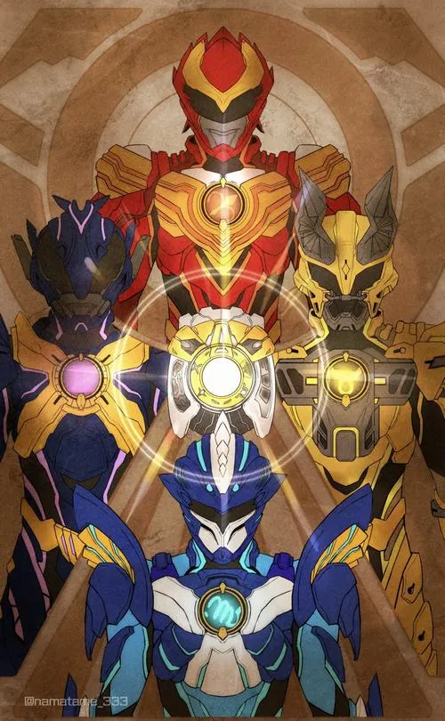Wallpaper Kamen Rider dạng poster vàng đồng, nhiều Rider xếp lớp, tạo cảm giác hoành tráng 4K