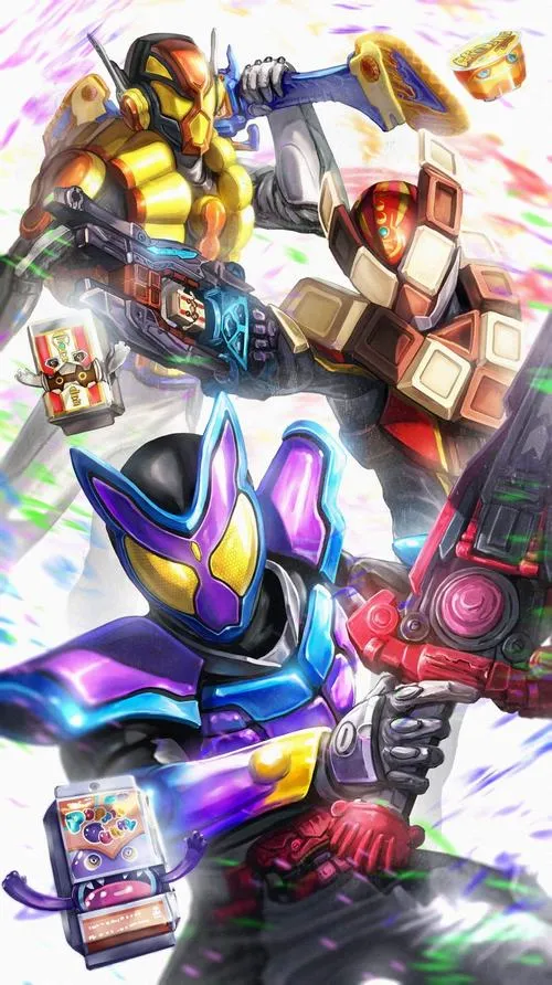 Hình nền Kamen Rider Ex-Aid kiểu collage, nhiều form chồng lớp, màu neon hợp màn hình lớn
