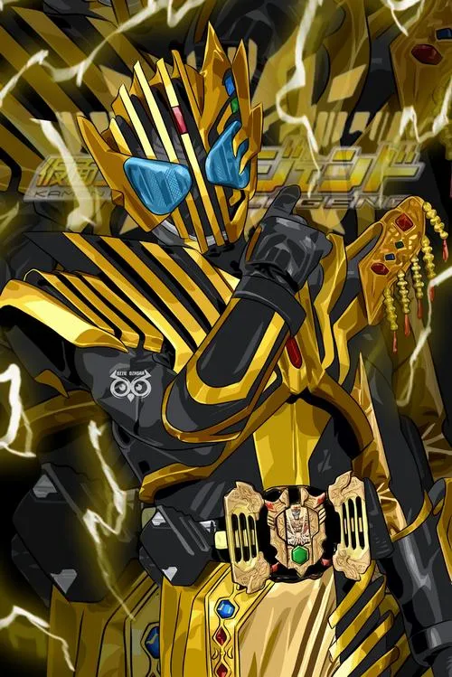 Hình nền Kamen Rider OOO giáp vàng óng, ánh sáng dạ quang, hiệu ứng hạt tạo chiều sâu