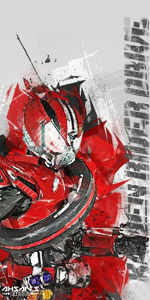 Hình nền Kamen Rider Build tông đỏ đen, giáp trụ sắc nét, hiệu ứng khói bụi tốc độ