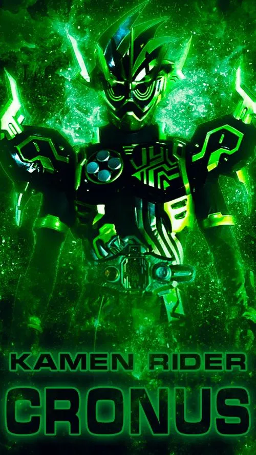 Wallpaper Kamen Rider Cronus xanh lục, chữ logo rõ, khí chất boss lạnh, nền tối huyền bí