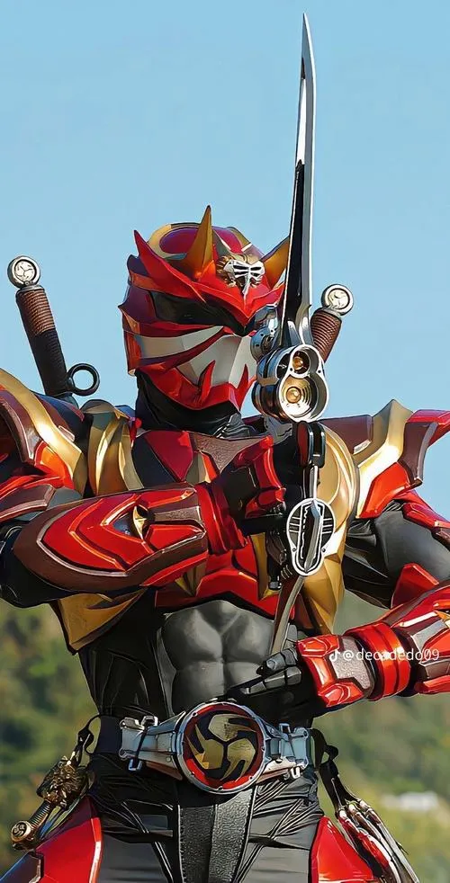 Hình nền Kamen Rider Geats tông đỏ đen, tạo dáng cầm vũ khí, nền trống vừa đủ cho icon