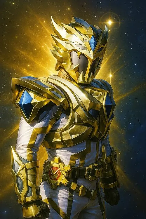 Hình nền Kamen Rider Gaim Kiwami vàng kim, ánh sáng rơi như bụi, cảm giác quyền lực rõ rệt