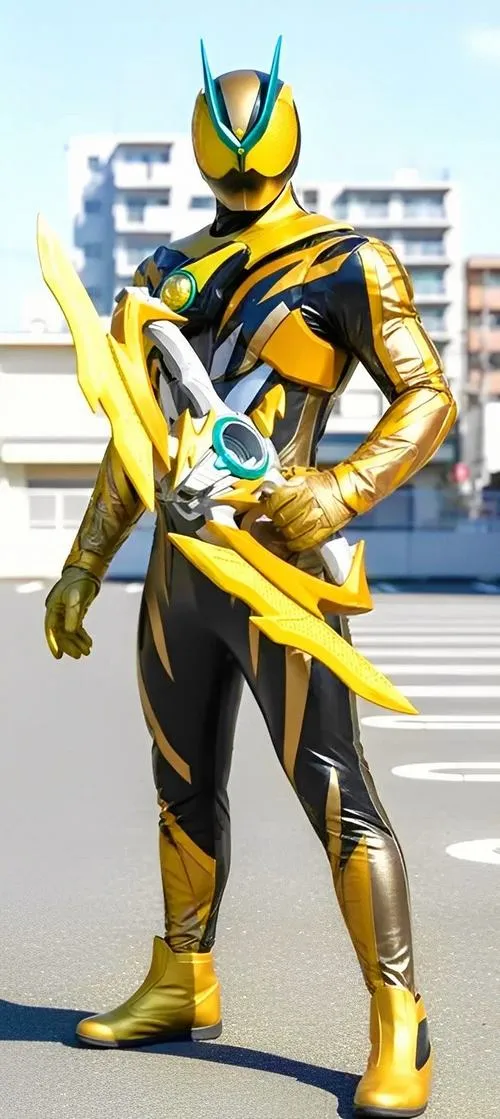 Hình nền Kamen Rider Build phối vàng xanh, đứng thẳng gọn gàng, nền trắng giúp nhìn rất sạch