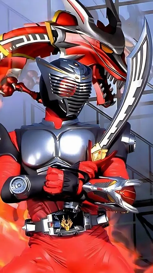 Ảnh nền Kamen Rider Ichigo cổ điển, giáp đỏ bạc, dáng đứng anh hùng hợp ảnh bìa