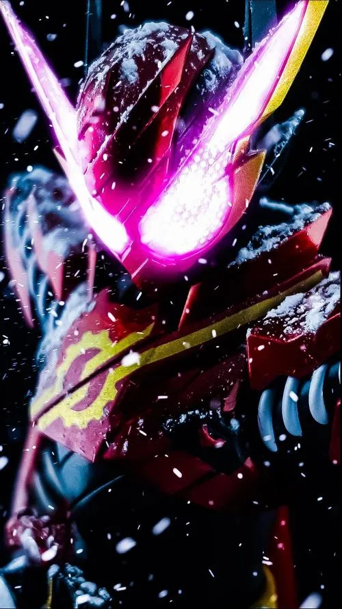 Wallpaper Kamen Rider Geats cận mặt nạ hồng tím, ánh neon gắt, hợp nền máy tính 4K