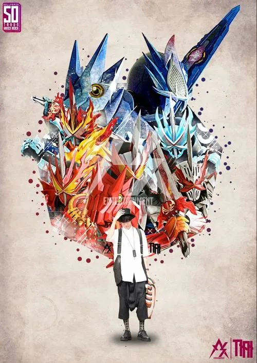 Hình nền Kamen Rider Build phong cách tranh loang màu, nhân vật nhỏ giữa nền rộng, nhìn nghệ hơn