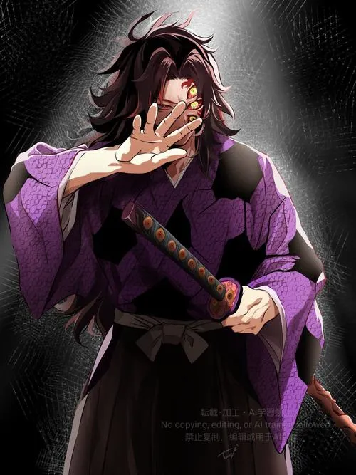 Ảnh ngầu Kokushibo che nửa mặt bằng tay, ánh nhìn xuyên thẳng, nền tối tối giản mà áp lực