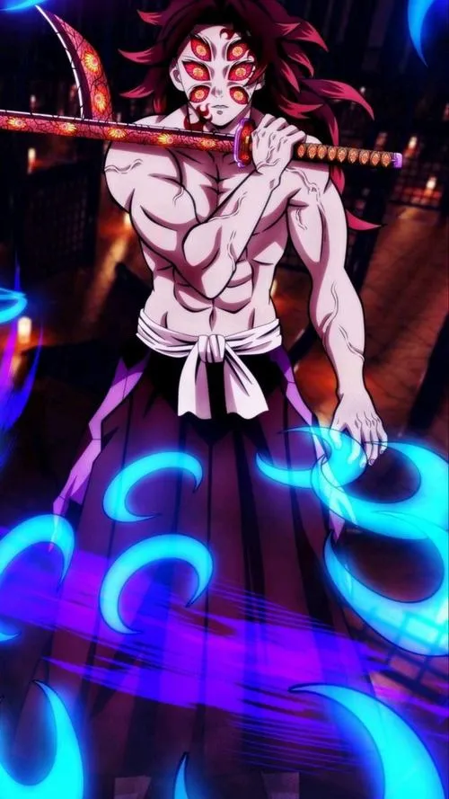 Hình anime Kokushibo thân trần trong ánh xanh đỏ, kiếm khí bốc lên như lửa lạnh, rất tàn khốc