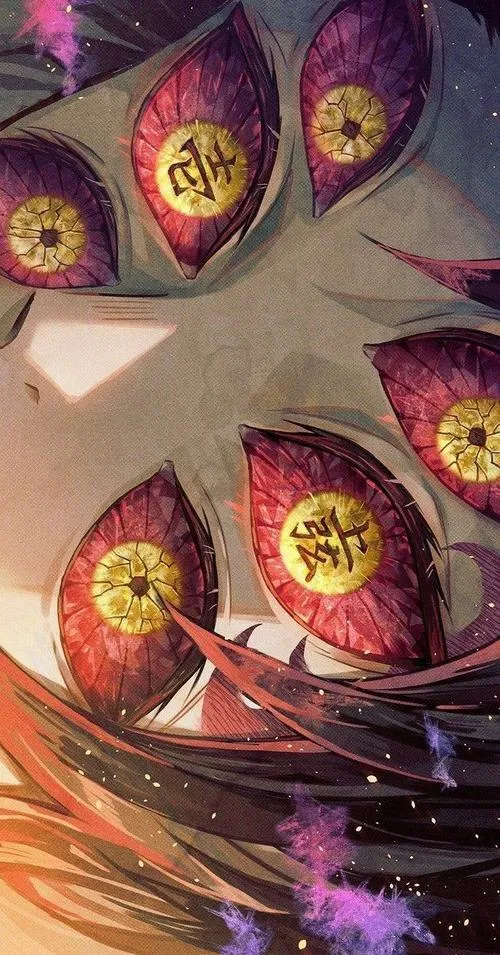 Hình cận cảnh sáu mắt vàng cam rải thành họa tiết, tông đỏ sậm tạo cảm giác rợn nhẹ