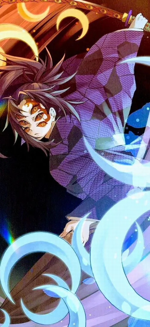 Ảnh Kokushibo lao tới với vệt chém Hơi Thở Mặt Trăng, nền xanh xoáy đối lập bóng tối