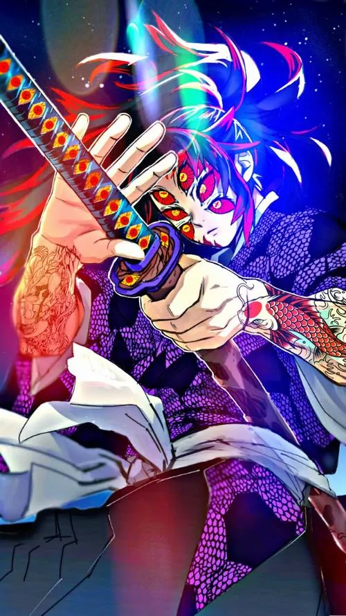 Hình nền Kokushibo cầm kiếm phát sáng, kiếm khí chồng lớp tím than đỏ sậm nhìn rất áp lực