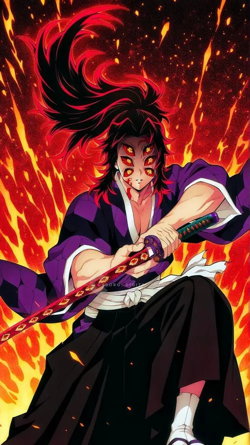 Ảnh ngầu Kokushibo ngồi giữa nền lửa, tư thế bình thản mà quyền uy Thượng Huyền Nhất tràn khung