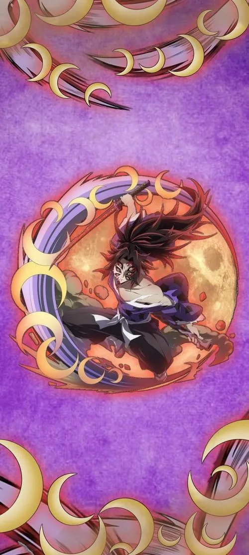 Ảnh chibi 4K biểu tượng huyết nguyệt trong vòng họa tiết cổ phong, tông tím trầm hợp mood u ám