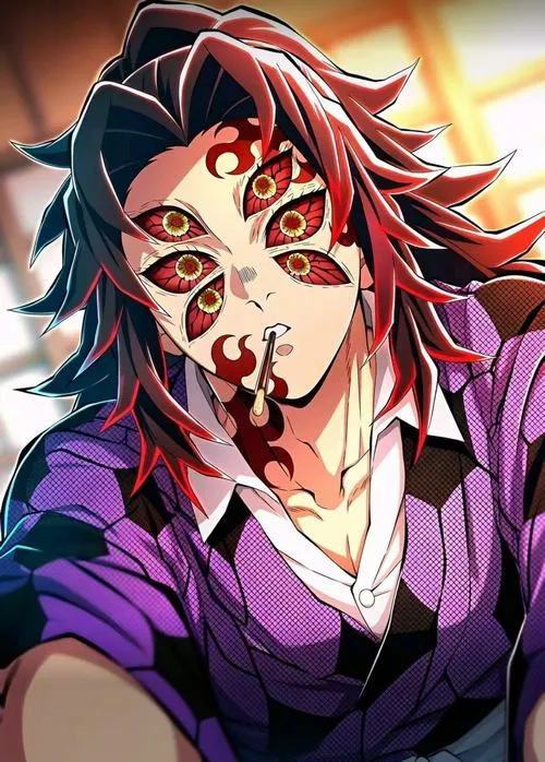 Hình anime chân dung Kokushibo sắc nét, sáu mắt sáng và bớt lửa rõ, áo tím tạo vibe lạnh