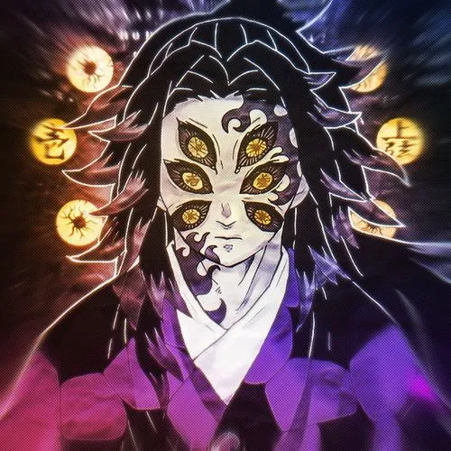 Ảnh Kokushibo nhìn trực diện, sáu mắt và bớt lửa nổi bật, nền tối làm ánh nhìn càng gắt