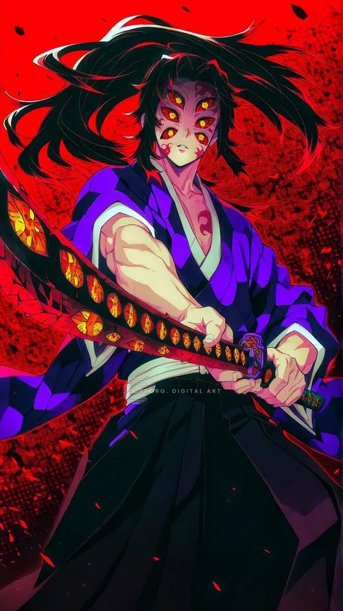 Hình nền Kokushibo rút kiếm trong nền đỏ bùng, vệt chém như trăng vỡ tạo cảm giác bạo lực