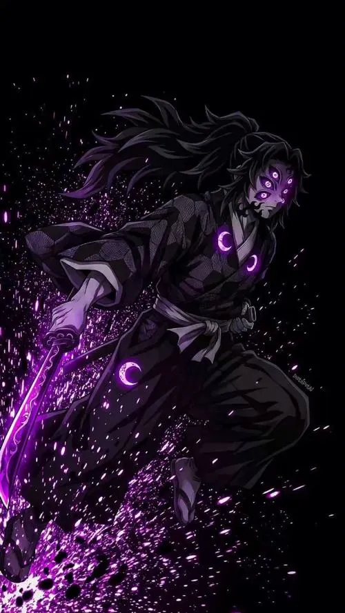 Ảnh ngầu silhouette Kokushibo phủ bụi tím, hiệu ứng hạt vỡ làm mood huyền ảo và lạnh sống lưng