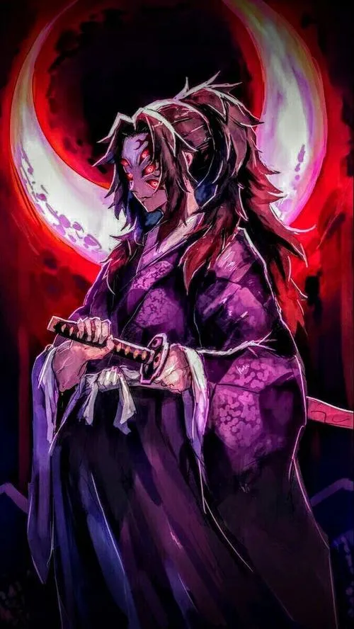 Hình anime Kokushibo đứng trước vòng trăng đỏ, kimono tím than bay nhẹ, khí chất quyền lực rất nặng