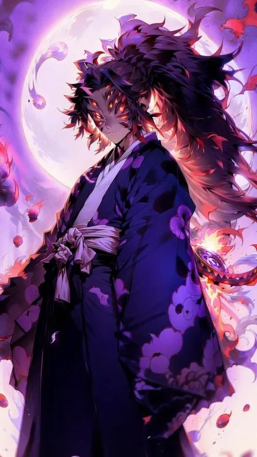 Ảnh Kokushibo phủ aura tím, tóc xoăn rối và nền sáng viền, vibe u ám nhưng cuốn mắt