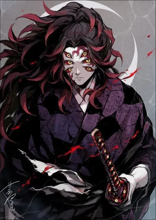 Hình đẹp Kokushibo ngồi trầm, tay đặt lên chuôi kiếm có mắt, bố cục trung tâm nặng và sâu