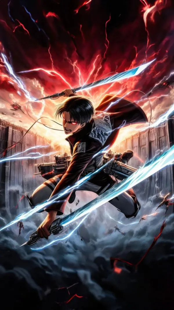 Hình anime Đội trưởng Levi với lưỡi móc găm sâu, dây kéo căng, chuyển hướng gắt mà vẫn mượt