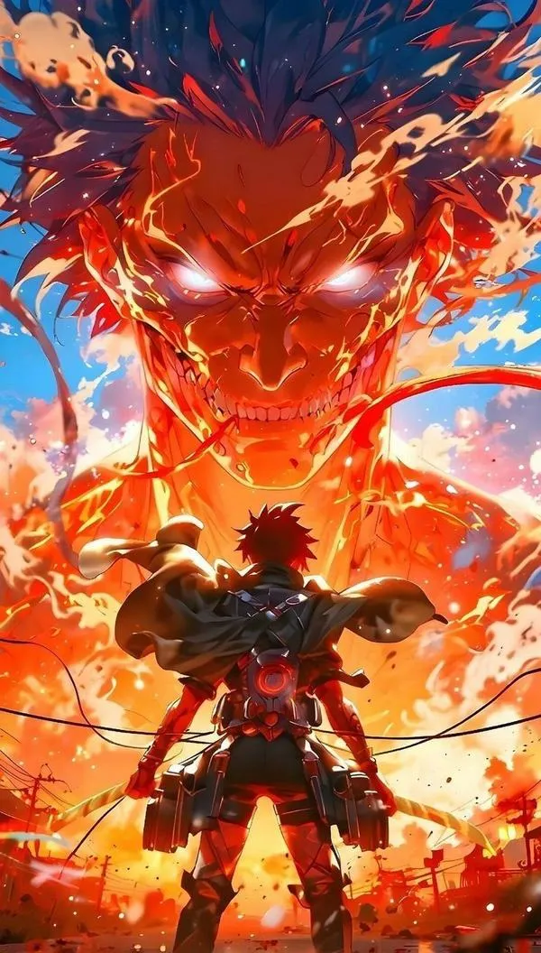 Ảnh anime Levi Ackerman trước Titan đỏ rực, tương phản cao, cảm giác nghẹt thở và căng thẳng