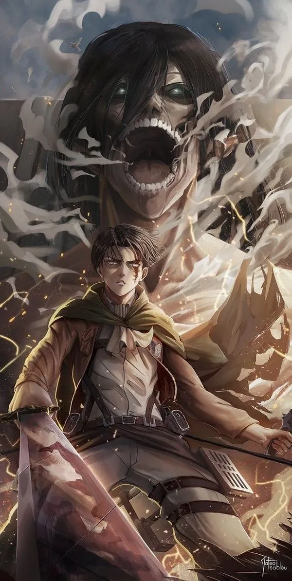 Ảnh fanart Levi Ackerman trước bóng Titan gầm, bối cảnh xám, không khí đe dọa rõ rệt