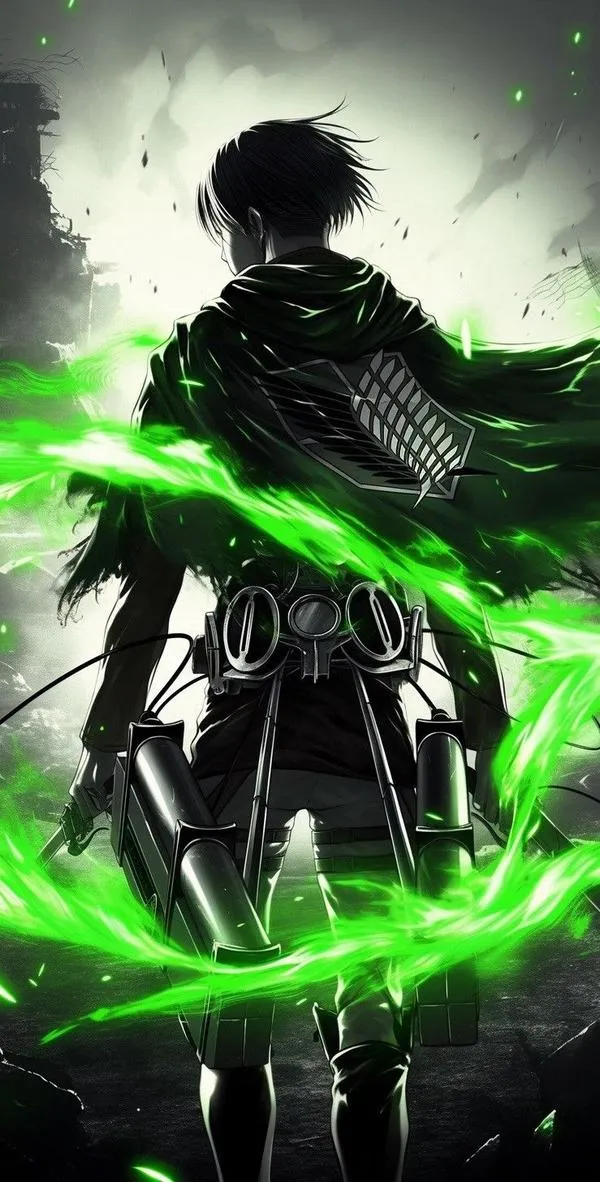 Hình ngầu Đội trưởng Levi trong vòng sáng xanh, dáng đứng gọn, vibe kỷ luật thép