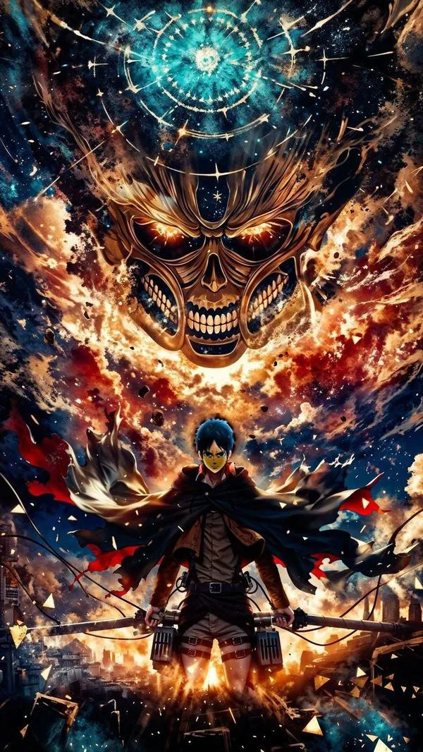 Ảnh fanart Levi Ackerman đối diện Titan rực lửa, tông cam xanh, vibe chiến trường ngầu