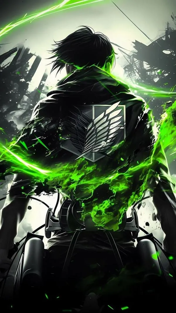 Ảnh 4K Levi Ackerman dạng silhouette xanh, khói mỏng, cảm giác bình tĩnh trước bão tố