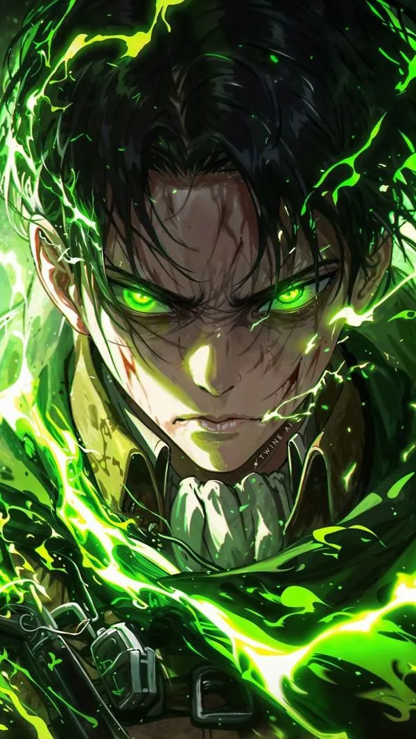 Hình đẹp Đại úy Levi cận mắt tông xanh neon, nét mặt khó ở nhưng cuốn