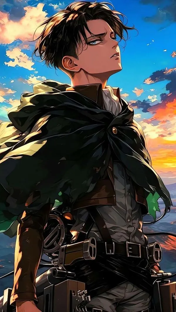 Ảnh fanart Levi Ackerman nhìn nghiêng dưới hoàng hôn, tóc gọn, thần thái điềm tĩnh