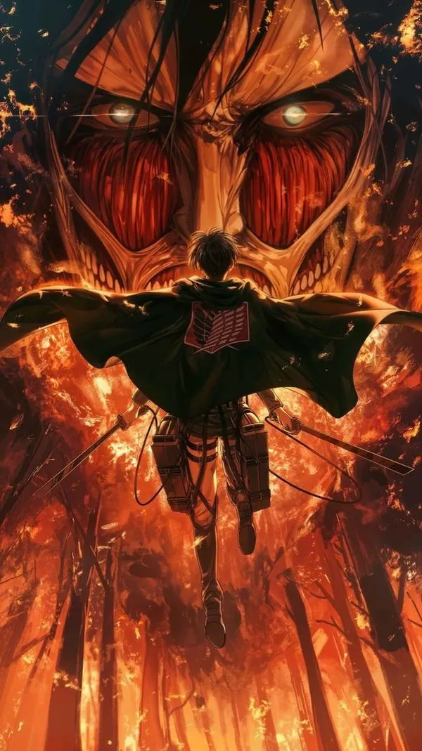 Ảnh anime Levi Ackerman đối mặt Titan đỏ, ánh lửa hắt lên áo choàng, cực hợp ảnh bìa