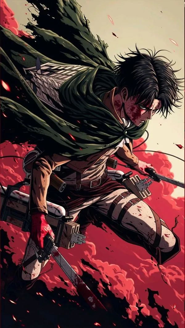 Ảnh fanart Levi Ackerman lao chém nền đỏ, song kiếm lóe sáng, cảm giác dứt khoát