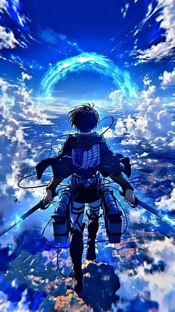 Ảnh 4K Levi Ackerman bay bộ cơ động 3D giữa trời xanh, cảm giác tốc độ và tự do