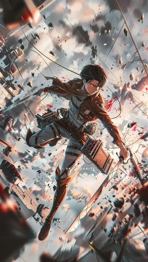 Ảnh đẹp Levi Ackerman lao qua mảnh vỡ, song kiếm sáng, khói bụi dày, lực cắt dứt khoát