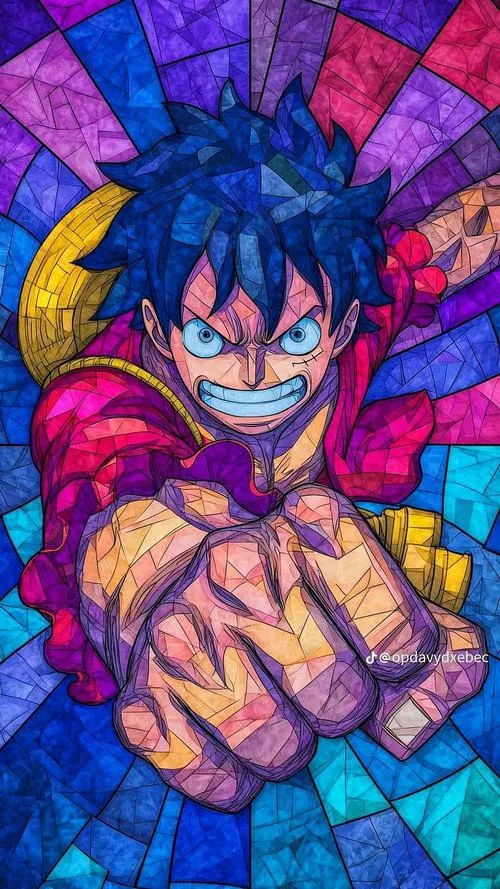 Hình 4K phong cách kính màu, Luffy đấm thẳng, mảng tím xanh nổi bật viền sáng.
