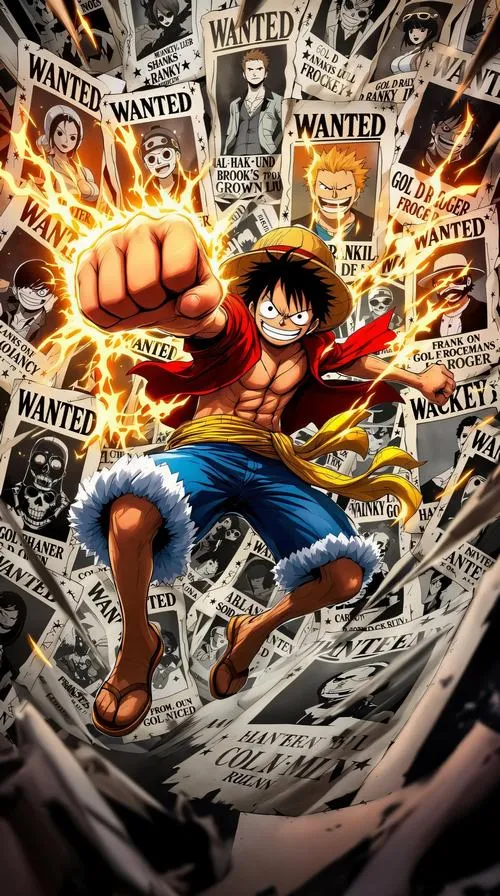 Ảnh nền Luffy bật nhảy giữa collage truyện tranh, nét vẽ dày, cảm giác tốc độ cao.