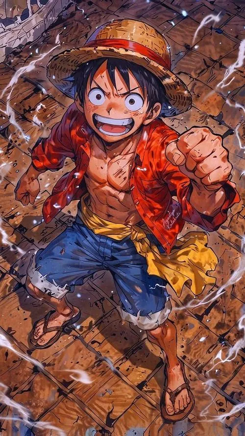 Hình fanart Luffy dáng chiến đấu vui, màu loang kiểu sơn, hợp ai thích chất nghệ.