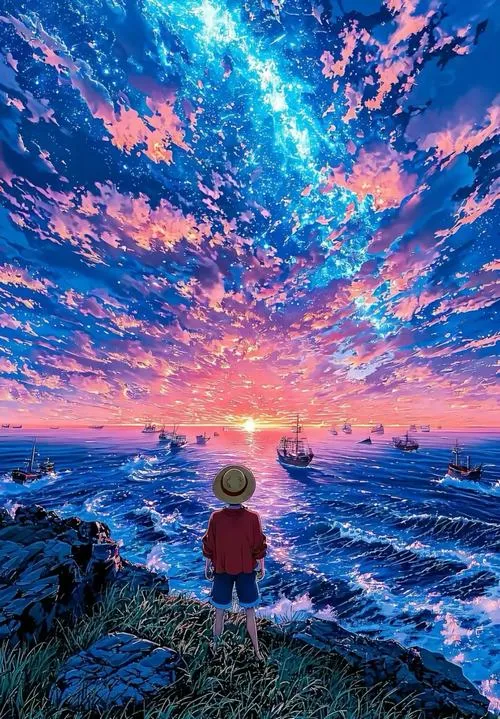 Ảnh đẹp bầu trời tím hồng lấp lánh, Luffy đứng một mình, không gian rộng và sâu.